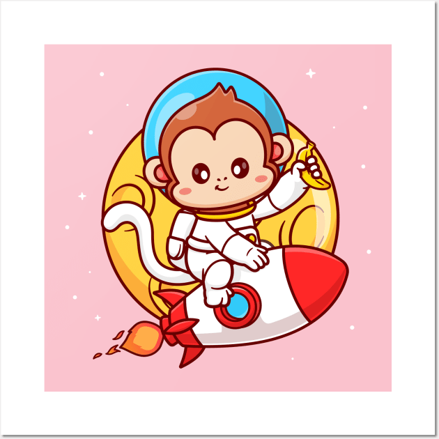 Cute Monkey Astronaut Riding Rocket In Moon Space With  Banana Cartoon Wall Art by Catalyst Labs
